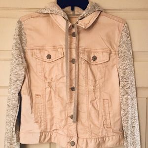 Pink Distressed Hooded Jean Jacket